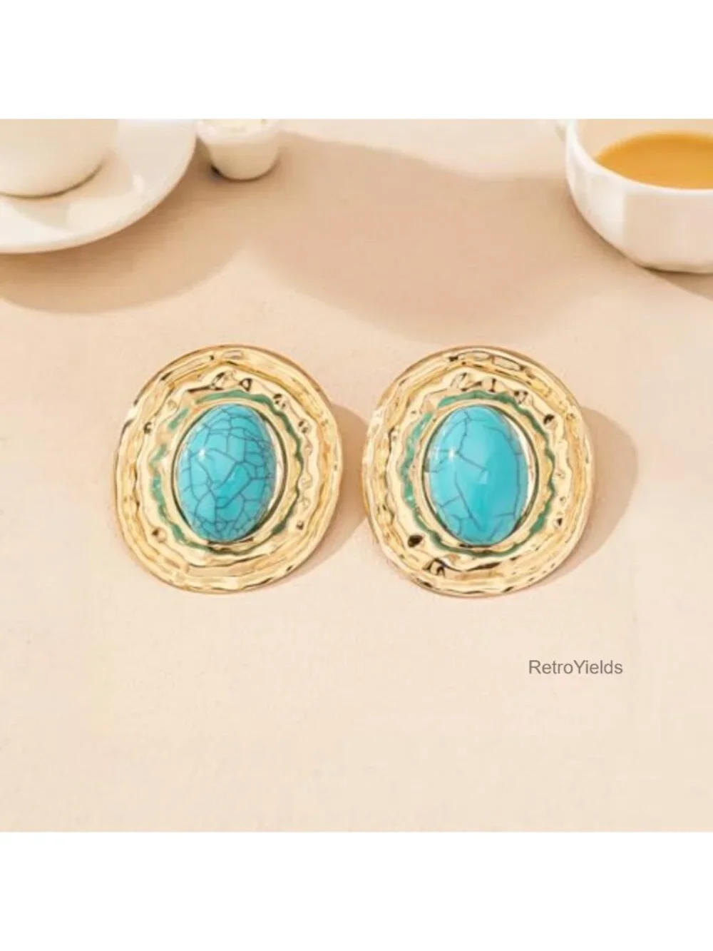 Chunky Gold Plated Turquoise Statement Earrings Oval Dangle Boho Western Jewelry